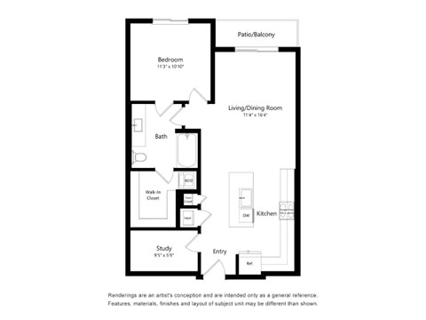 A floor plan of an apartment with a living room, kitchen, bath, and bedroom.